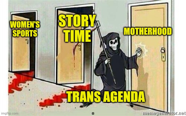 Grim Reaper Knocking Door | MOTHERHOOD; STORY TIME; WOMEN'S SPORTS; TRANS AGENDA | image tagged in grim reaper knocking door,communist socialist,political correctness,gay rights,funny because it's true,sjws | made w/ Imgflip meme maker