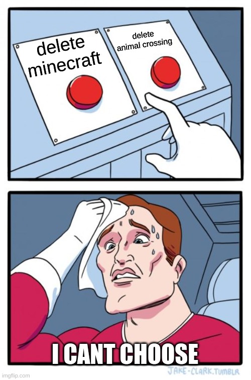 Two Buttons Meme | delete animal crossing; delete minecraft; I CANT CHOOSE | image tagged in memes,two buttons | made w/ Imgflip meme maker