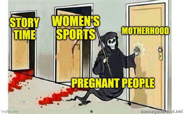 Pregnant People | MOTHERHOOD; WOMEN'S SPORTS; STORY TIME; PREGNANT PEOPLE | image tagged in grim reaper knocking door,pregnant people,hoax,political correctness,communist socialist,evil overlord rules | made w/ Imgflip meme maker
