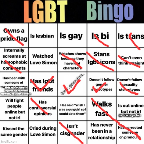 LGBTQ bingo | sorta-? not when we got together but by the end technically bc gender identities-; as trans ye lol- | image tagged in lgbtq bingo | made w/ Imgflip meme maker