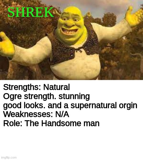 Member Two: Shrek the Ogre | SHREK; Strengths: Natural Ogre strength. stunning good looks. and a supernatural orgin
Weaknesses: N/A
Role: The Handsome man | made w/ Imgflip meme maker