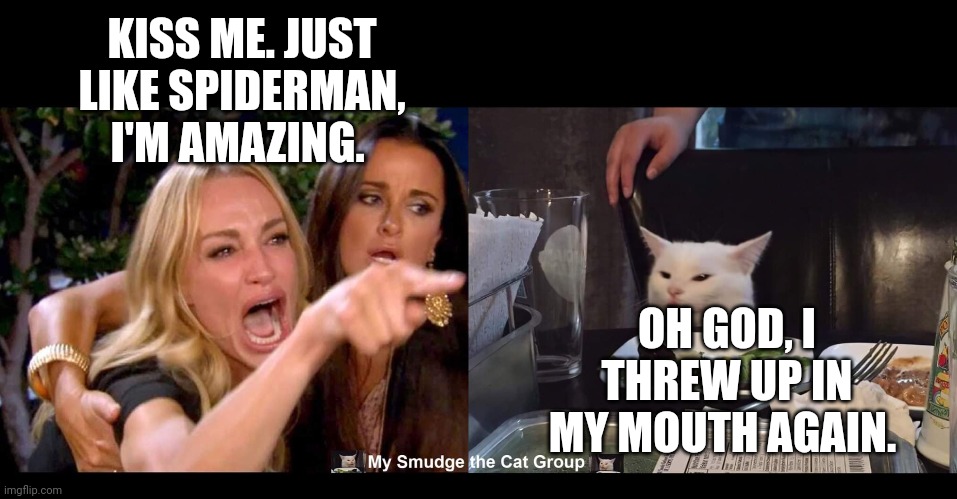 KISS ME. JUST LIKE SPIDERMAN, I'M AMAZING. OH GOD, I THREW UP IN MY MOUTH AGAIN. | image tagged in smudge the cat | made w/ Imgflip meme maker