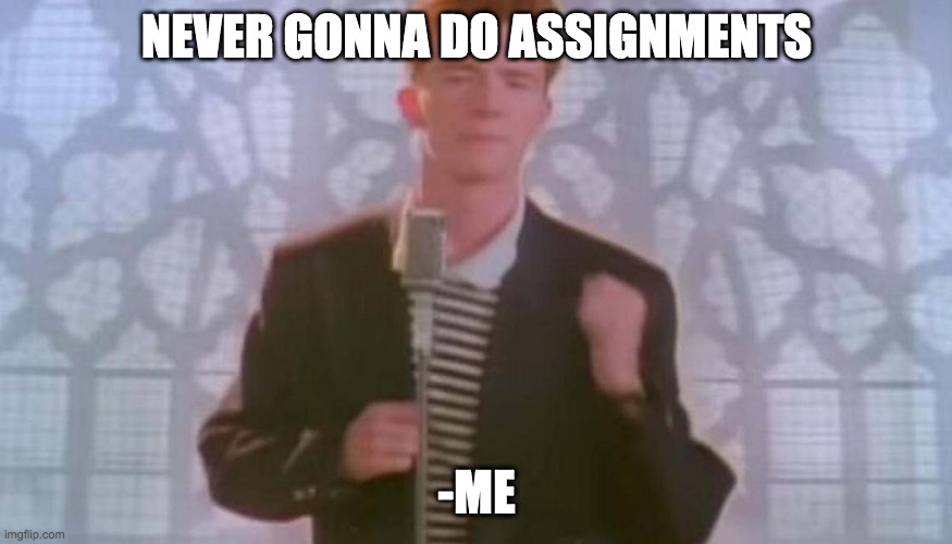 Never gonna give you up | NEVER GONNA DO ASSIGNMENTS; -ME | image tagged in never gonna give you up | made w/ Imgflip meme maker