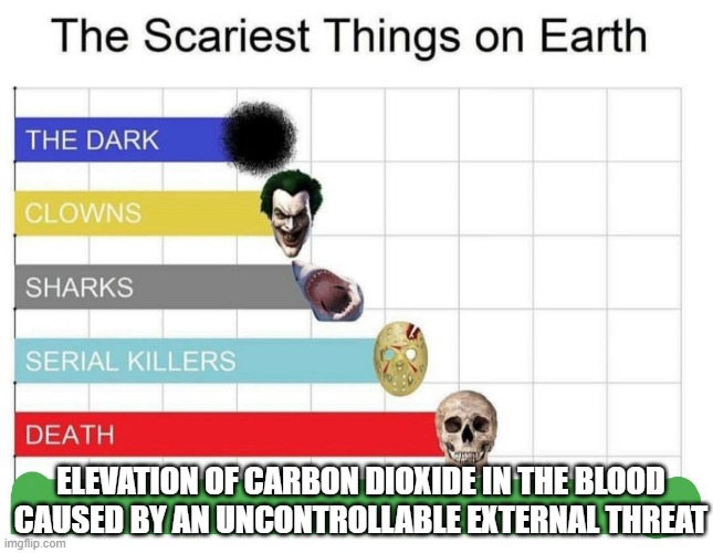 scariest things on earth | ELEVATION OF CARBON DIOXIDE IN THE BLOOD CAUSED BY AN UNCONTROLLABLE EXTERNAL THREAT | image tagged in scariest things on earth,scary | made w/ Imgflip meme maker