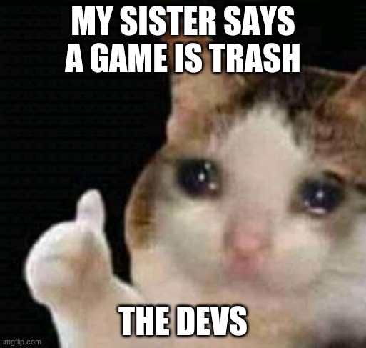 Yeah we cant drive cars in apex it stinks! | MY SISTER SAYS A GAME IS TRASH; THE DEVS | image tagged in sad thumbs up cat | made w/ Imgflip meme maker
