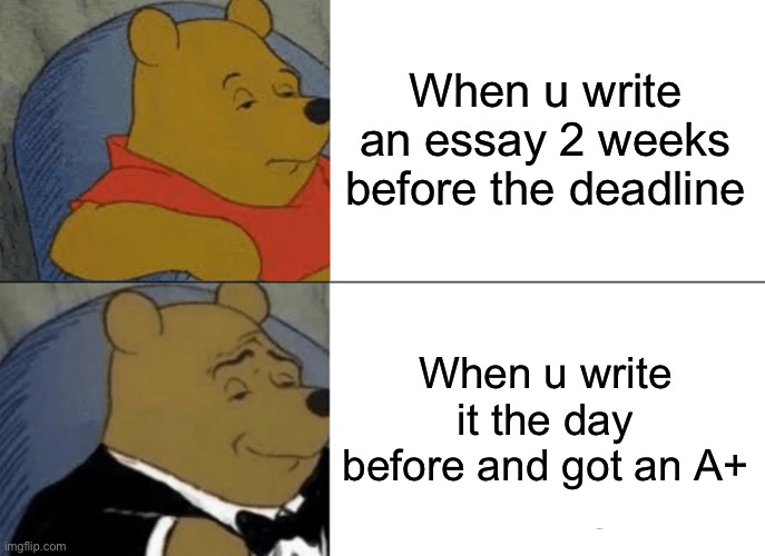 Why do it early? | When u write an essay 2 weeks before the deadline; When u write it the day before and got an A+ | image tagged in memes,tuxedo winnie the pooh | made w/ Imgflip meme maker