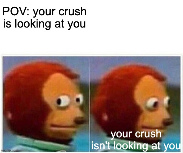 Monkey Puppet |  POV: your crush is looking at you; your crush isn't looking at you | image tagged in memes,monkey puppet | made w/ Imgflip meme maker
