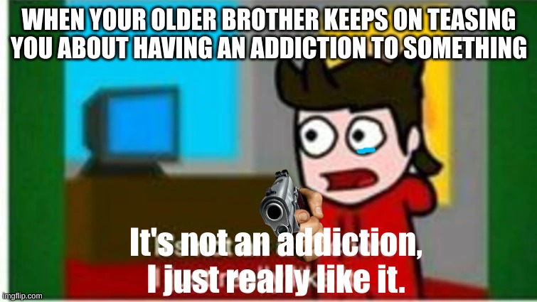 it’s not an addiction | WHEN YOUR OLDER BROTHER KEEPS ON TEASING YOU ABOUT HAVING AN ADDICTION TO SOMETHING; It's not an addiction,
I just really like it. | image tagged in it s not an addiction | made w/ Imgflip meme maker