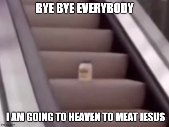 Mayonnaise On An Escalator | BYE BYE EVERYBODY; I AM GOING TO HEAVEN TO MEAT JESUS | image tagged in mayonnaise on an escalator | made w/ Imgflip meme maker