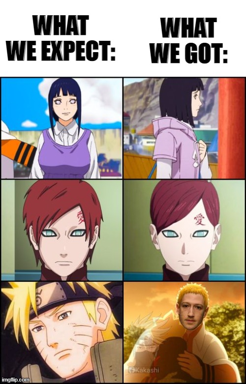 The hair style of their adult age disappoint me | WHAT WE EXPECT:; WHAT WE GOT: | image tagged in memes,anime,naruto,never,gonna give,you up | made w/ Imgflip meme maker