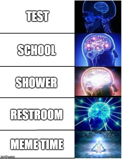 every answer for every question at situations | TEST; SCHOOL; SHOWER; RESTROOM; MEME TIME | image tagged in expanding brain 5 panel | made w/ Imgflip meme maker