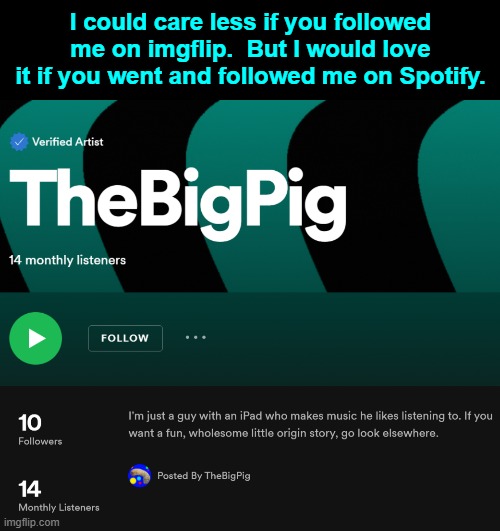 Oh great now I'm a beggar. | I could care less if you followed me on imgflip.  But I would love it if you went and followed me on Spotify. | image tagged in thebigpig,thelargepig,spotify | made w/ Imgflip meme maker