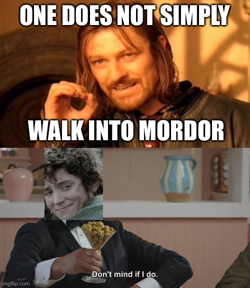 Lord of the rings in one meme. | ONE DOES NOT SIMPLY; WALK INTO MORDOR | image tagged in memes,one does not simply,dont mind if i do | made w/ Imgflip meme maker
