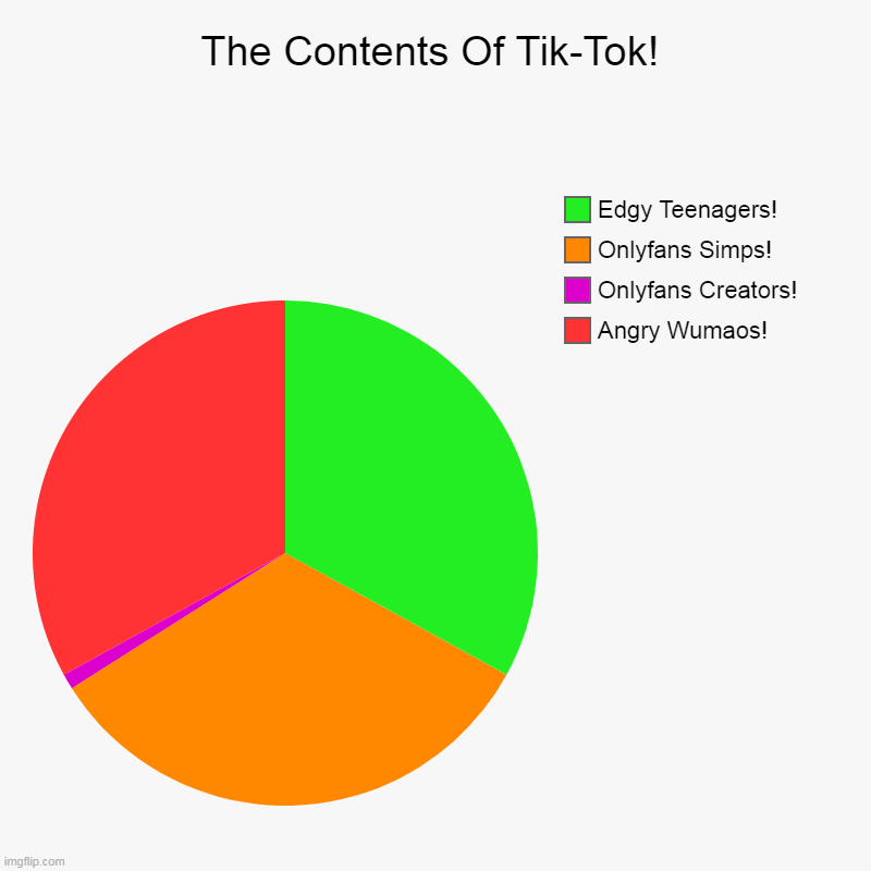 The Contents Of Tik-Tok! | Angry Wumaos!, Onlyfans Creators!, Onlyfans Simps!, Edgy Teenagers! | image tagged in memes,piecharts,tiktok sucks | made w/ Imgflip chart maker