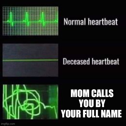 Congrats on seeing this meme topic for the 216623683286428634683468684368th time | MOM CALLS YOU BY YOUR FULL NAME | image tagged in heartbeat rate,moms,wow,not a gif,do you are have stupid,memes | made w/ Imgflip meme maker