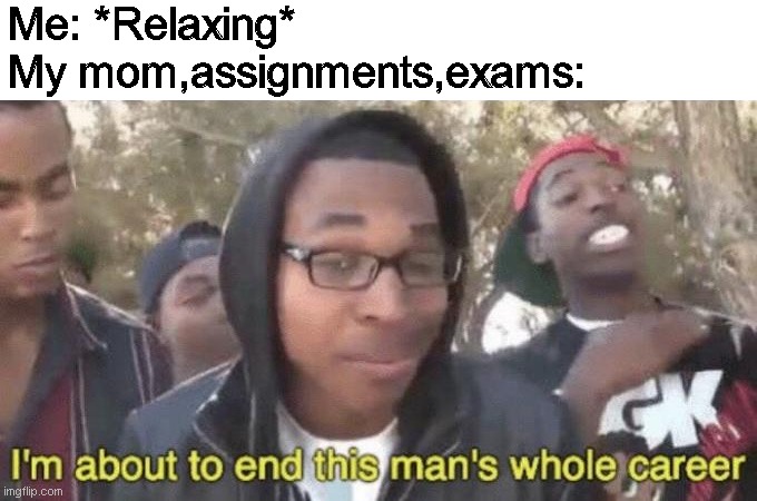 I’m about to end this man’s whole career | Me: *Relaxing*
My mom,assignments,exams: | image tagged in i m about to end this man s whole career | made w/ Imgflip meme maker