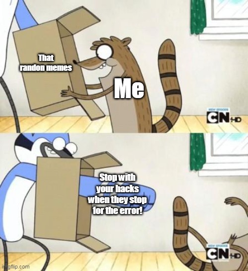 Mordecai Punches Rigby Through a Box | That randon memes; Me; Stop with your hacks when they stop for the error! | image tagged in mordecai punches rigby through a box,memes | made w/ Imgflip meme maker
