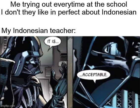 Friend about Indonesian teachers | Me trying out everytime at the school I don't they like in perfect about Indonesian; My Indonesian teacher: | image tagged in it is acceptable | made w/ Imgflip meme maker