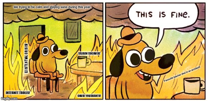 This Is Fine | Me trying to be calm and staying sane during this year:; TALIBAN TAKEOVER! EXISTENTIAL CRISIS! Favourite teacher died in an accident! INTERNET TROLLS! COVID-19 VARIANTS! | image tagged in memes,this is fine,insanity | made w/ Imgflip meme maker