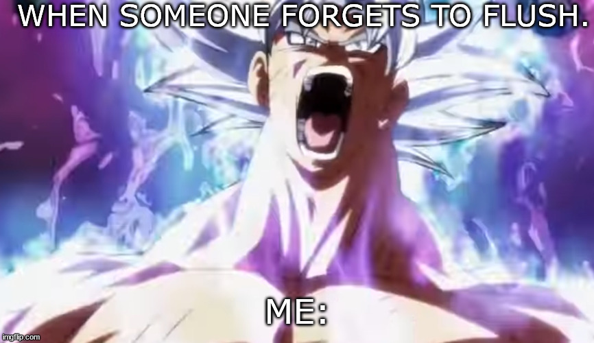 Pissed Off Goku | WHEN SOMEONE FORGETS TO FLUSH. ME: | image tagged in pissed off goku | made w/ Imgflip meme maker