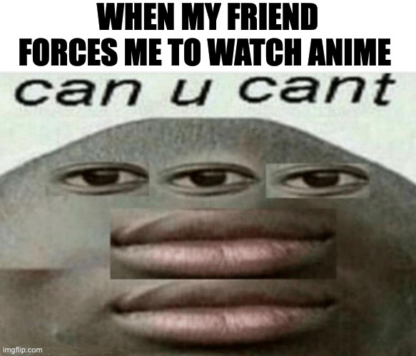 My friend keeps asking me to watch anime even though i said no, any weapon suggestions? | WHEN MY FRIEND FORCES ME TO WATCH ANIME | image tagged in can u cant | made w/ Imgflip meme maker