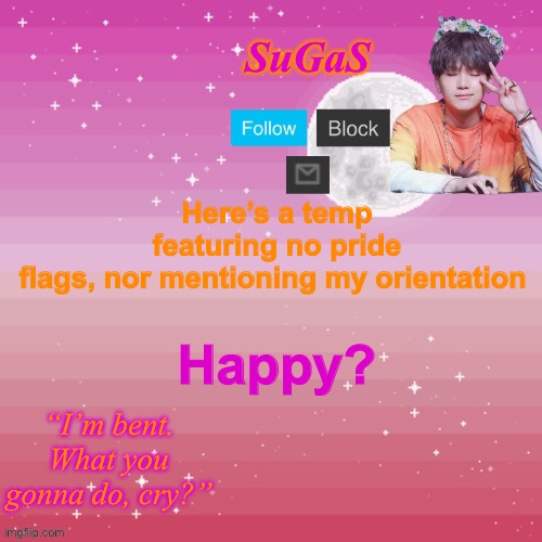 ✨B e n t✨ | Here’s a temp featuring no pride flags, nor mentioning my orientation; Happy? | image tagged in sugas bent template | made w/ Imgflip meme maker