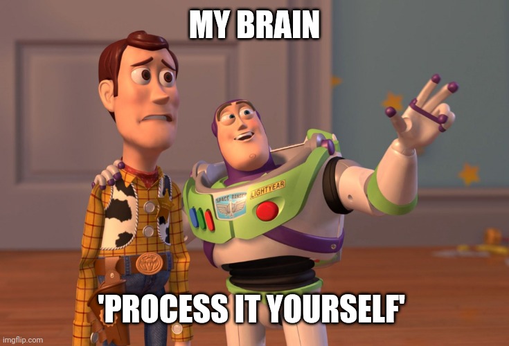MY BRAIN 'PROCESS IT YOURSELF' | image tagged in memes,x x everywhere | made w/ Imgflip meme maker