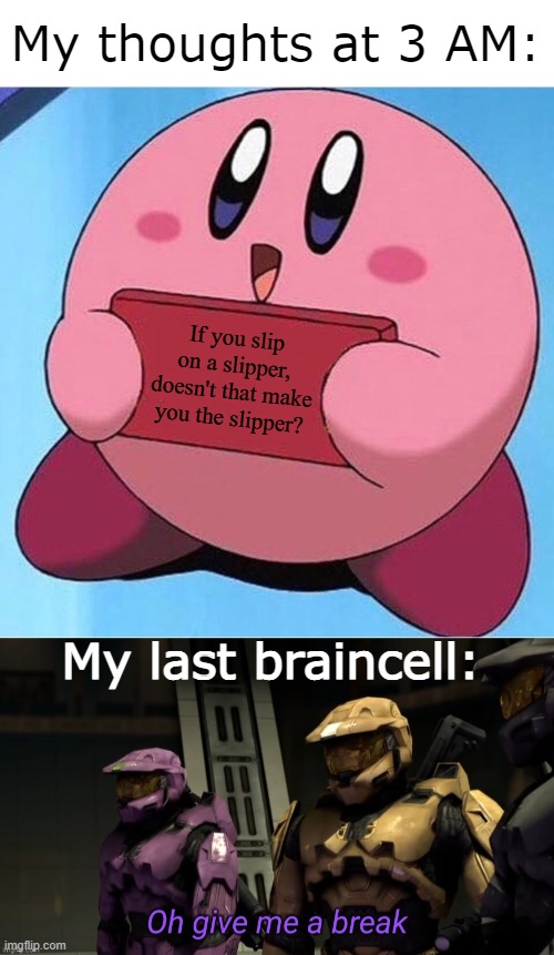 Kirby is always correct. |  My thoughts at 3 AM:; If you slip on a slipper, doesn't that make you the slipper? My last braincell: | image tagged in kirby holding a sign,oh give me a break,memes,why are you reading this,stop reading the tags | made w/ Imgflip meme maker