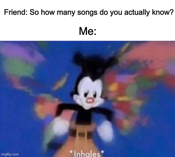 *inhales* | Friend: So how many songs do you actually know? Me: | image tagged in inhales | made w/ Imgflip meme maker