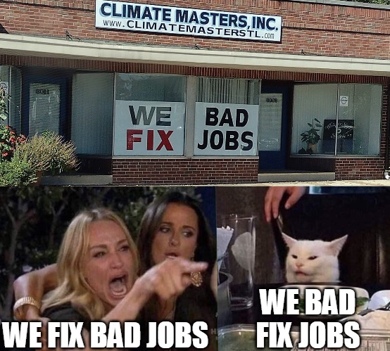 WE FIX BAD JOBS; WE BAD
FIX JOBS | image tagged in woman yelling at cat,meme,memes,signs | made w/ Imgflip meme maker