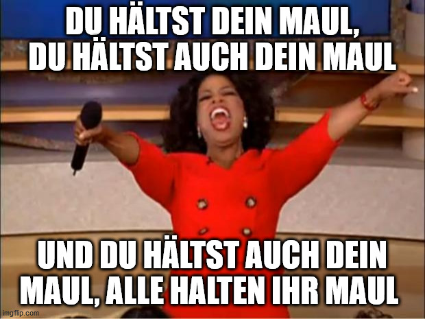 Oprah You Get A Meme | DU HÄLTST DEIN MAUL, DU HÄLTST AUCH DEIN MAUL; UND DU HÄLTST AUCH DEIN MAUL, ALLE HALTEN IHR MAUL | image tagged in memes,oprah you get a | made w/ Imgflip meme maker