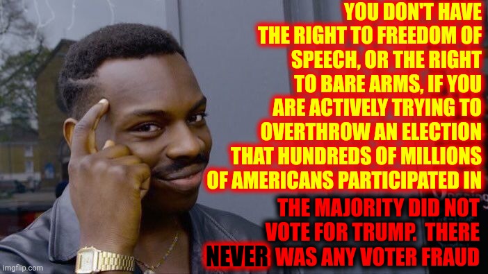 You Can't Use The Rights Given In A Constitution That You're Actively Trying To Overthrow | YOU DON'T HAVE THE RIGHT TO FREEDOM OF SPEECH, OR THE RIGHT TO BARE ARMS, IF YOU ARE ACTIVELY TRYING TO OVERTHROW AN ELECTION THAT HUNDREDS OF MILLIONS OF AMERICANS PARTICIPATED IN; THE MAJORITY DID NOT VOTE FOR TRUMP.  THERE NEVER WAS ANY VOTER FRAUD; NEVER | image tagged in memes,roll safe think about it,trumpublican terrorists,trump lies,trump is a traitor,lock him up | made w/ Imgflip meme maker