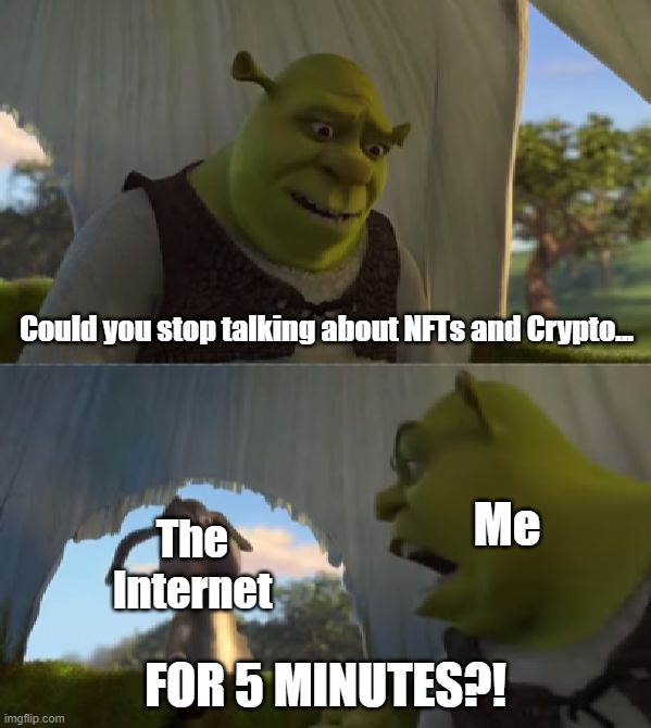 Could you not ___ for 5 MINUTES | Could you stop talking about NFTs and Crypto... Me; The Internet; FOR 5 MINUTES?! | image tagged in could you not ___ for 5 minutes | made w/ Imgflip meme maker