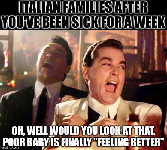 Animale | ITALIAN FAMILIES AFTER YOU'VE BEEN SICK FOR A WEEK; OH, WELL WOULD YOU LOOK AT THAT. POOR BABY IS FINALLY "FEELING BETTER" | image tagged in memes,good fellas hilarious,italian,family | made w/ Imgflip meme maker