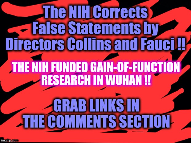 NIH FUNDED GAIN-OF-FUNCTION RESEARCH | The NIH Corrects False Statements by Directors Collins and Fauci !! THE NIH FUNDED GAIN-OF-FUNCTION RESEARCH IN WUHAN !! GRAB LINKS IN THE COMMENTS SECTION | image tagged in nih,covid-19,fauci,gain-of-function | made w/ Imgflip meme maker