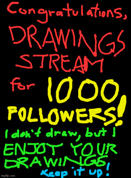 Nice going, drawing stream! Love your work. | image tagged in drawing,1000,followers,congratulations | made w/ Imgflip meme maker