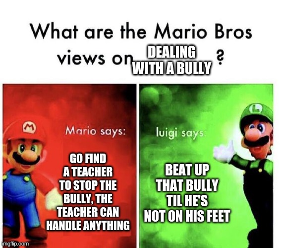 Mario Bros Views | DEALING WITH A BULLY; GO FIND A TEACHER TO STOP THE BULLY, THE TEACHER CAN HANDLE ANYTHING; BEAT UP THAT BULLY TIL HE'S NOT ON HIS FEET | image tagged in mario bros views,bullying | made w/ Imgflip meme maker