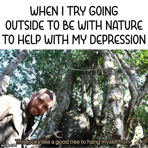 WHEN I TRY GOING OUTSIDE TO BE WITH NATURE TO HELP WITH MY DEPRESSION | image tagged in dark humor | made w/ Imgflip meme maker