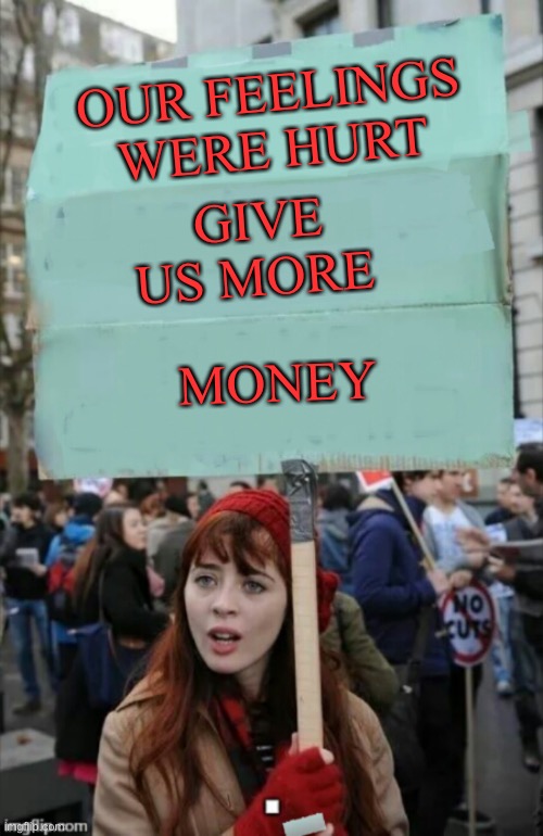 Netflix employees | GIVE US MORE; OUR FEELINGS WERE HURT; MONEY | image tagged in protestor | made w/ Imgflip meme maker
