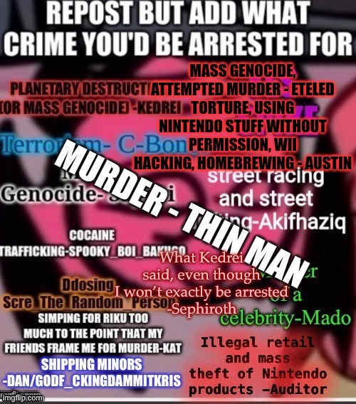 What Kedrei said, even though I won’t exactly be arrested
-Sephiroth | made w/ Imgflip meme maker