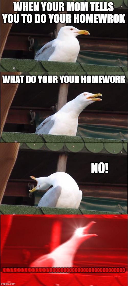 Inhaling Seagull | WHEN YOUR MOM TELLS YOU TO DO YOUR HOMEWROK; WHAT DO YOUR YOUR HOMEWORK; NO! NNNNNNNNNNNNNNNNNOOOOOOOOOOOOOOOOOOOOOOOOOOO | image tagged in memes,inhaling seagull | made w/ Imgflip meme maker