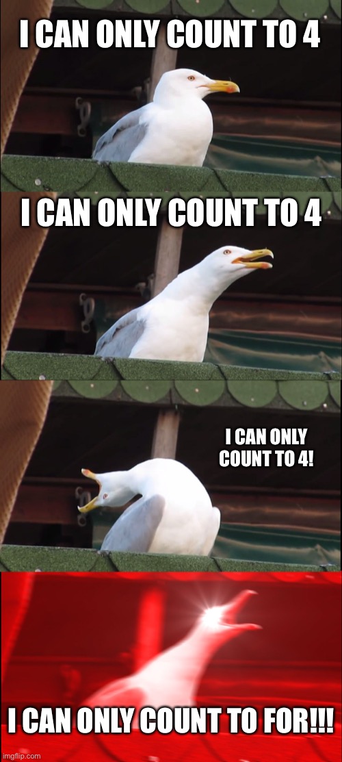 I CAN ONLY COUNT TO 4!!! | I CAN ONLY COUNT TO 4; I CAN ONLY COUNT TO 4; I CAN ONLY COUNT TO 4! I CAN ONLY COUNT TO FOR!!! | image tagged in memes,inhaling seagull | made w/ Imgflip meme maker