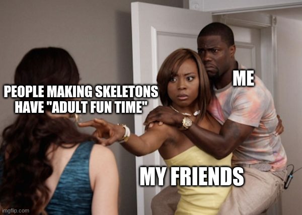 ;-; | ME; PEOPLE MAKING SKELETONS HAVE "ADULT FUN TIME"; MY FRIENDS | image tagged in protected kevin hart | made w/ Imgflip meme maker