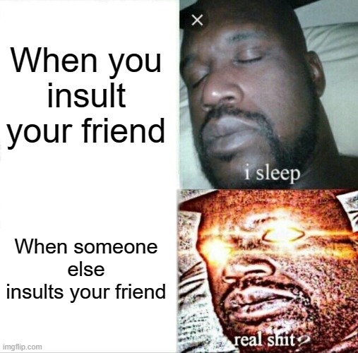 I will find and kill you | When you insult your friend; When someone else insults your friend | image tagged in memes,sleeping shaq | made w/ Imgflip meme maker