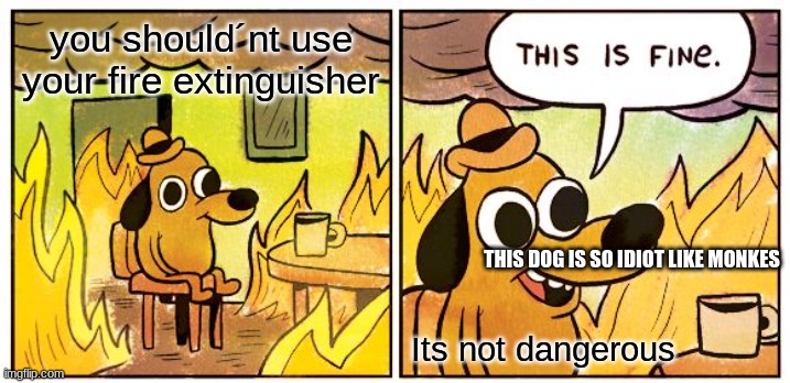 Your house is burning dogi ok | you should´nt use your fire extinguisher; THIS DOG IS SO IDIOT LIKE MONKES; Its not dangerous | image tagged in memes,this is fine | made w/ Imgflip meme maker