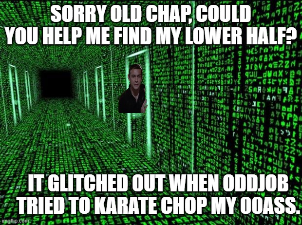 What testers for Goldeneye alpha probably saw on occasion. | SORRY OLD CHAP, COULD YOU HELP ME FIND MY LOWER HALF? IT GLITCHED OUT WHEN ODDJOB TRIED TO KARATE CHOP MY 00ASS. | image tagged in matrix hallway code,creeper bond,glitched bond | made w/ Imgflip meme maker