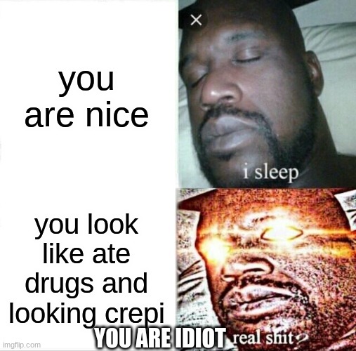 dRuGs are rice ond noice | you are nice; you look like ate drugs and looking crepi; YOU ARE IDIOT | image tagged in memes,sleeping shaq | made w/ Imgflip meme maker