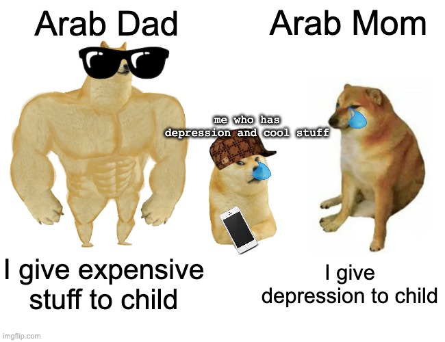 Buff Doge vs. Cheems | Arab Mom; Arab Dad; me who has depression and cool stuff; I give expensive stuff to child; I give depression to child | image tagged in memes,buff doge vs cheems | made w/ Imgflip meme maker