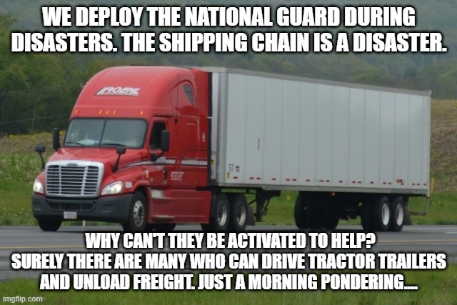 Roehl Tractor Trailer | WE DEPLOY THE NATIONAL GUARD DURING DISASTERS. THE SHIPPING CHAIN IS A DISASTER. WHY CAN'T THEY BE ACTIVATED TO HELP? SURELY THERE ARE MANY WHO CAN DRIVE TRACTOR TRAILERS AND UNLOAD FREIGHT. JUST A MORNING PONDERING.... | image tagged in roehl tractor trailer | made w/ Imgflip meme maker