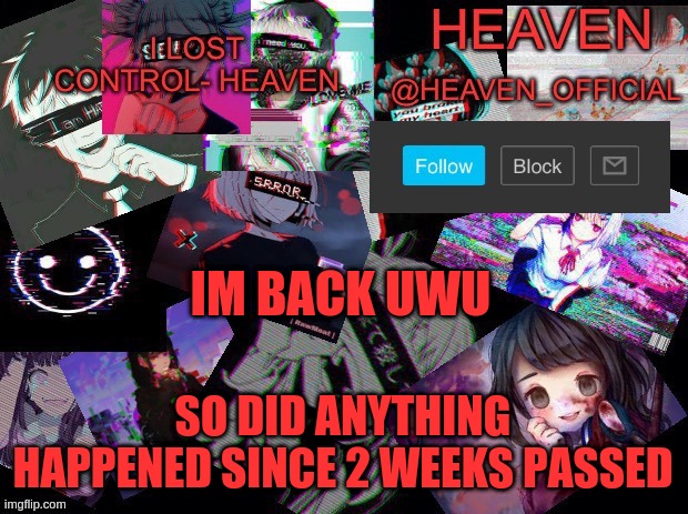 woohoo | IM BACK UWU; SO DID ANYTHING HAPPENED SINCE 2 WEEKS PASSED | image tagged in heavenly | made w/ Imgflip meme maker